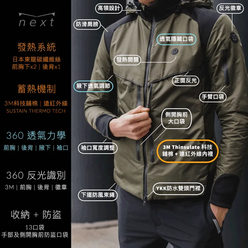 發熱防風外套 next 2.0 - 純黑 / 鈦藍 / 夜幕綠