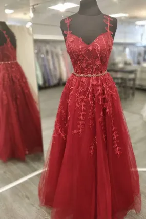 A Line V Neck and V Back Burgundy Lace Floral Long Prom Dress, Burgundy Lace Formal Evening Dress