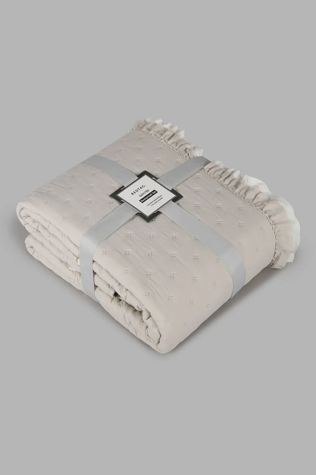 Beige 3 Piece Dotted Bedspread With Ruffles (Double Size)