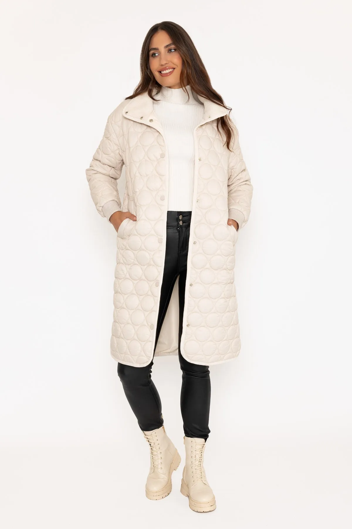 Beige Circle Quilt Long Line Jacket