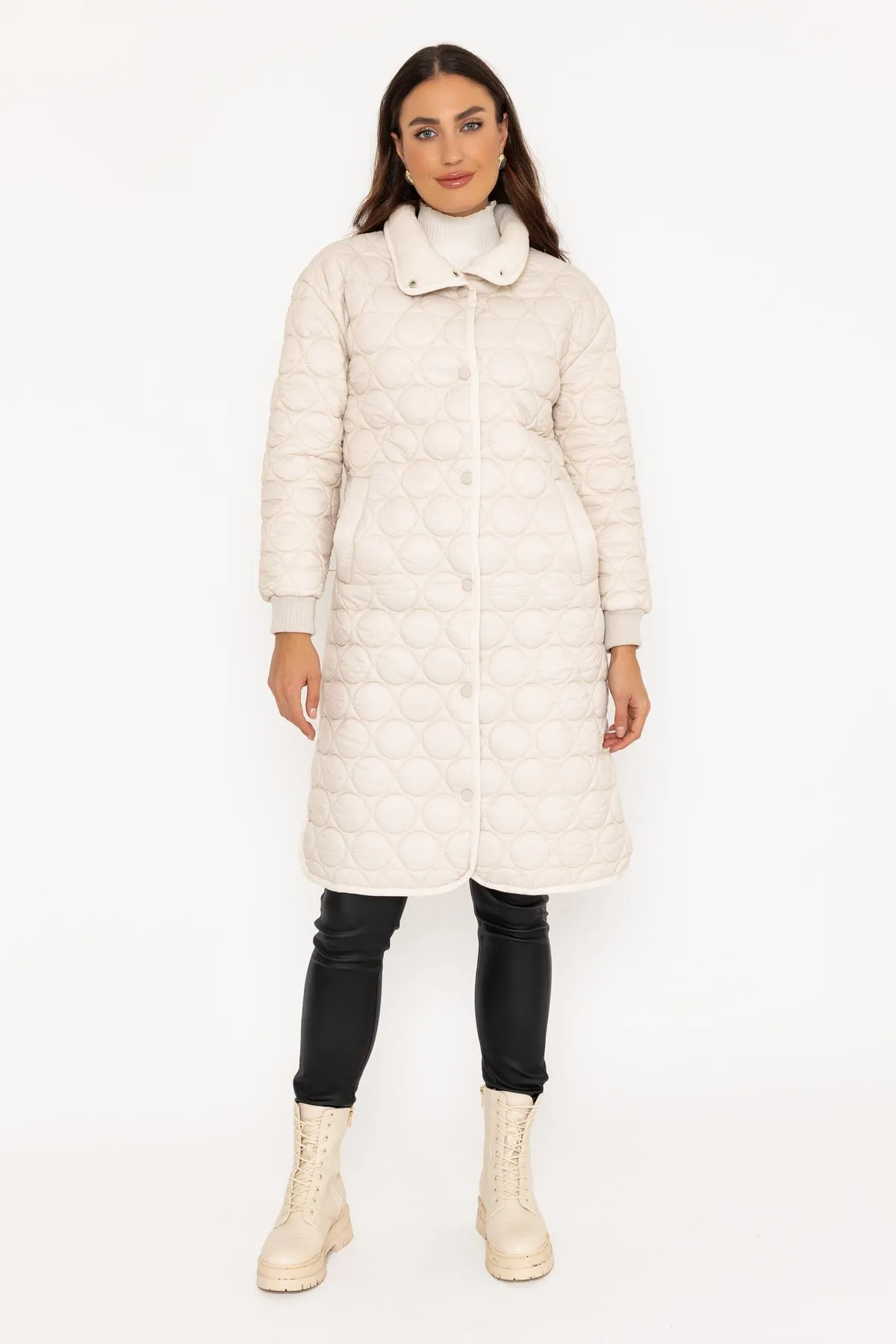 Beige Circle Quilt Long Line Jacket