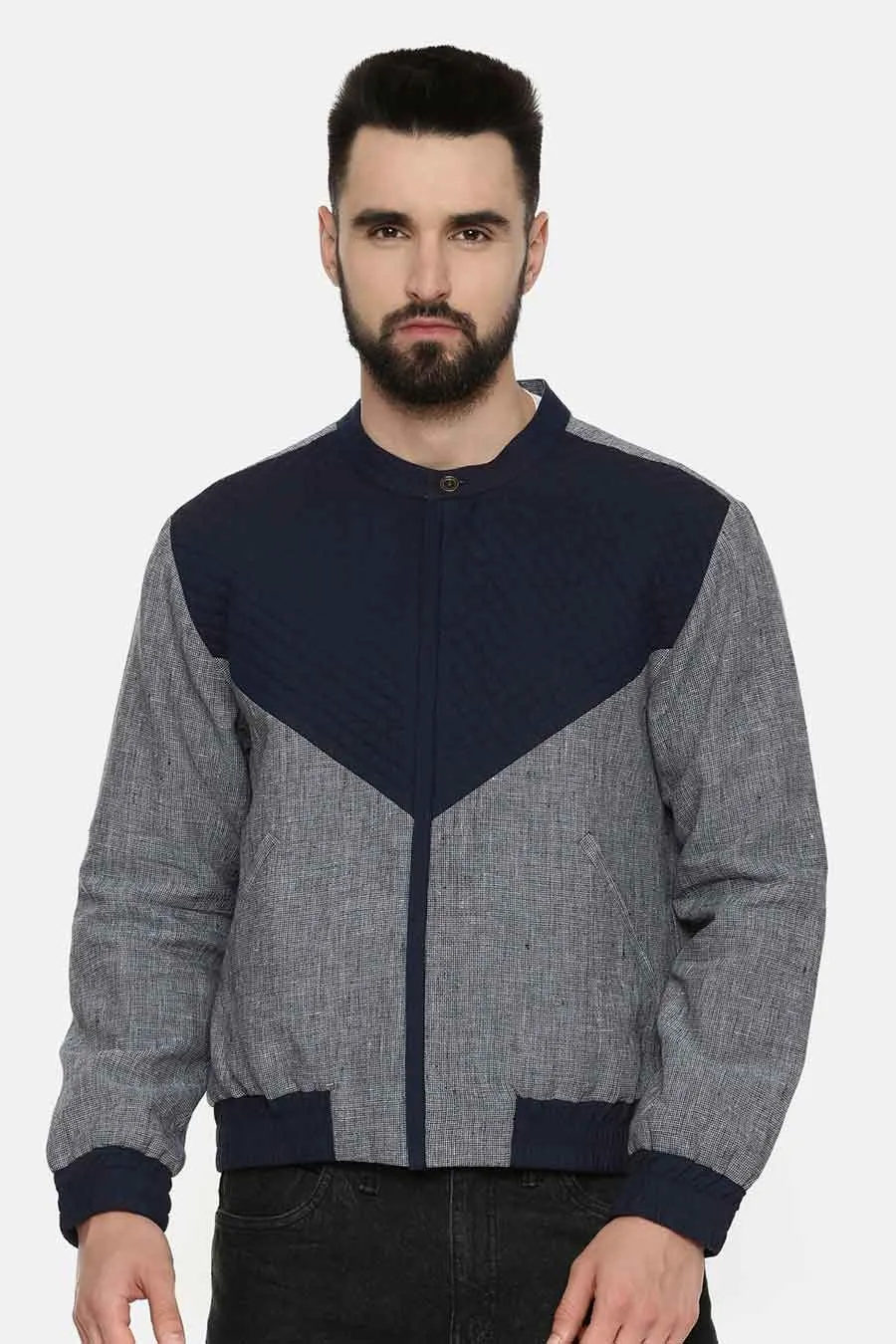 Blue & Grey Quilted Bomber Jacket
