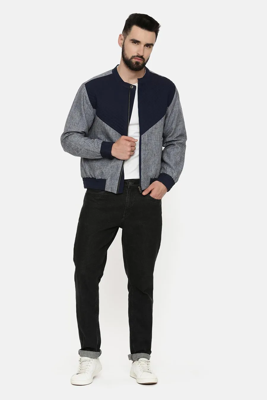 Blue & Grey Quilted Bomber Jacket