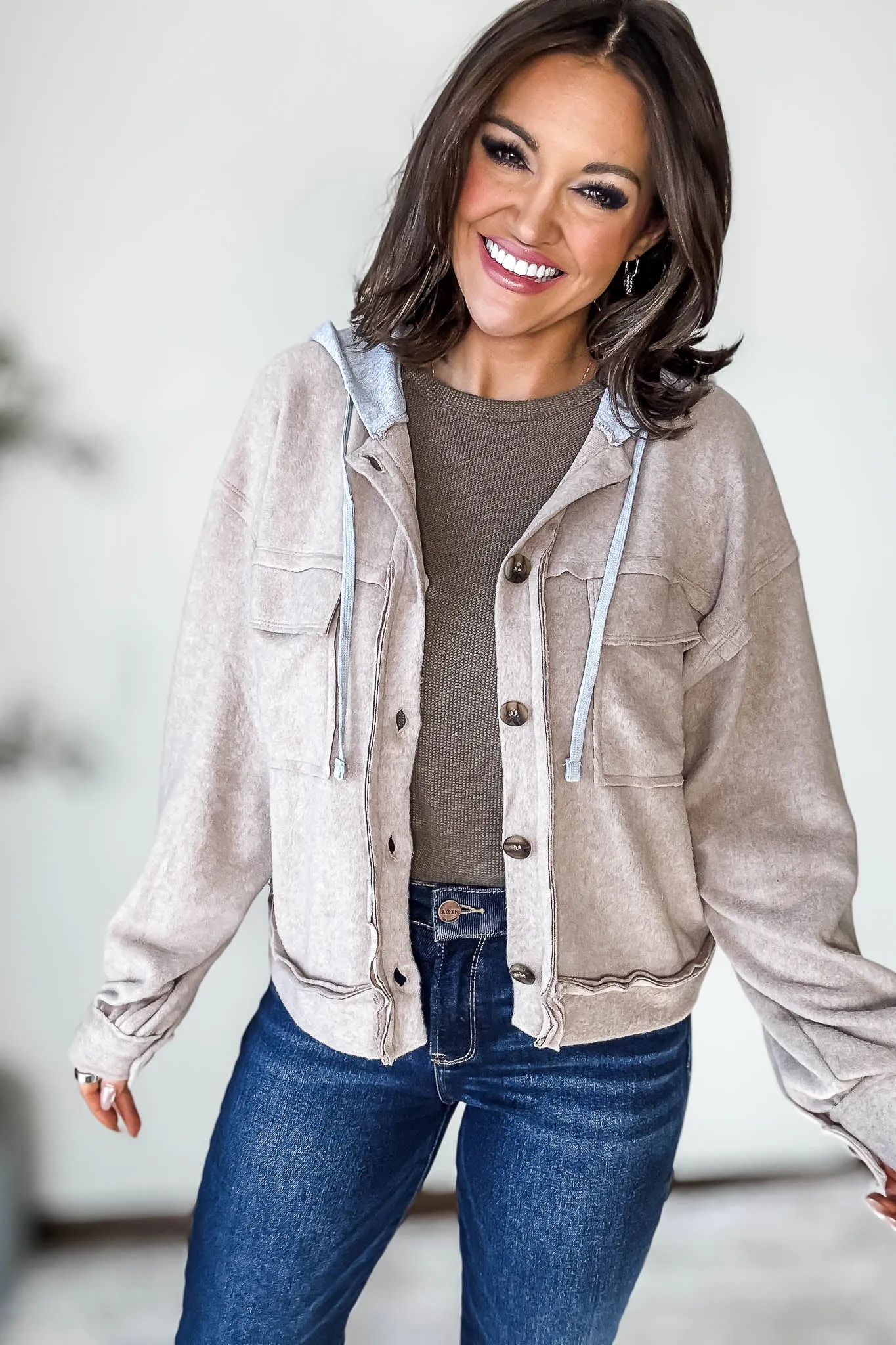 Brushed Hacci Ash Mocha Hooded Button Down Shacket