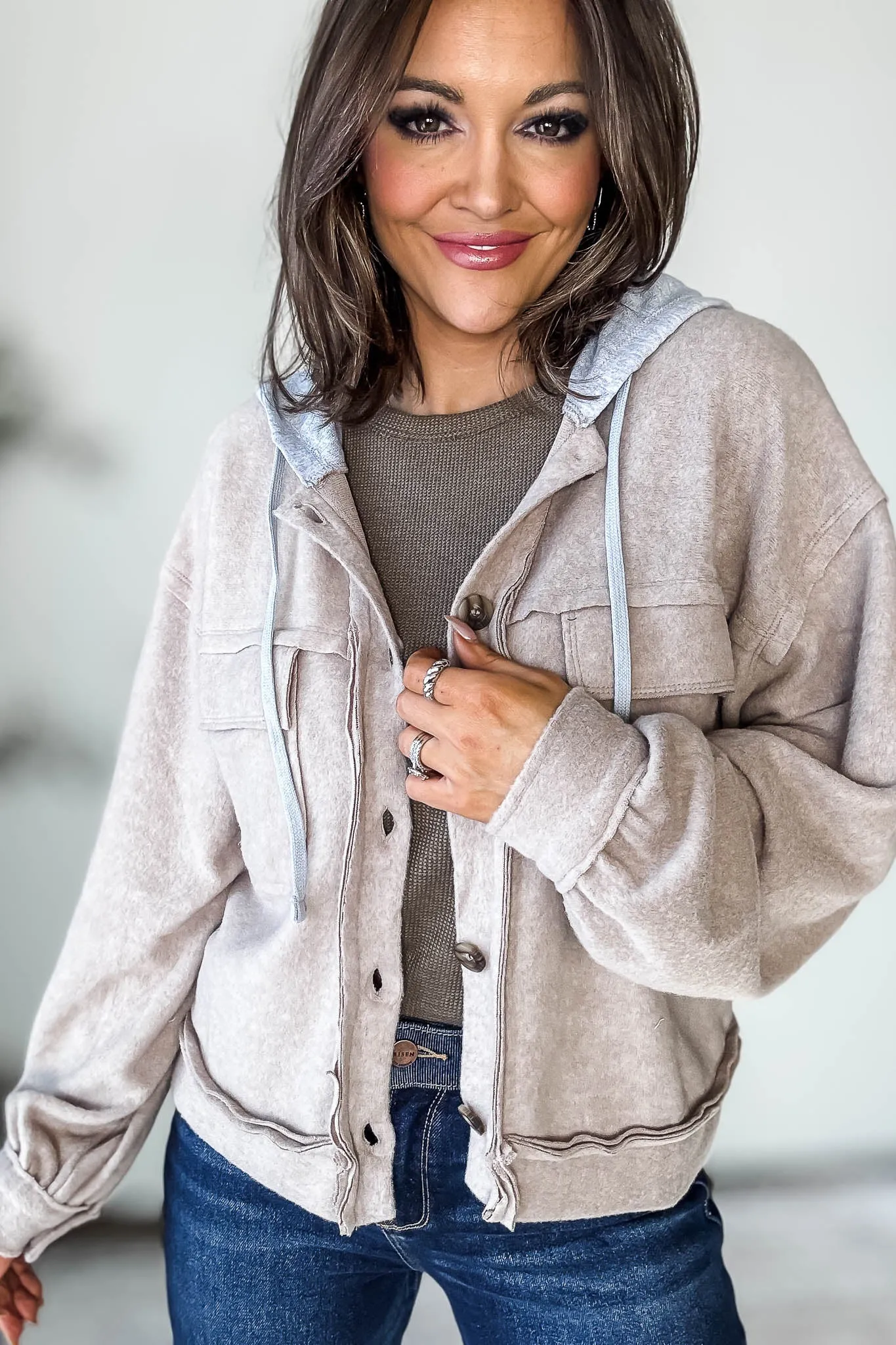 Brushed Hacci Ash Mocha Hooded Button Down Shacket
