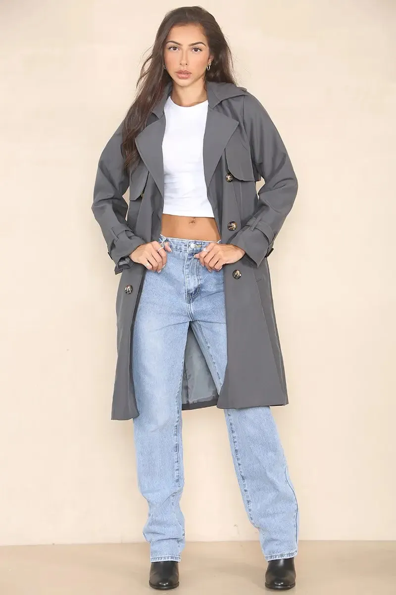 Classy Notch Lapel Double Breasted Belt Decor Trench Coat