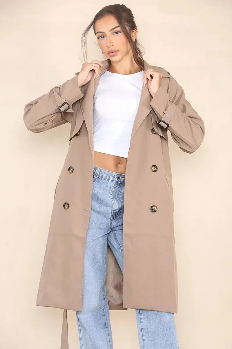 Classy Notch Lapel Double Breasted Belt Decor Trench Coat