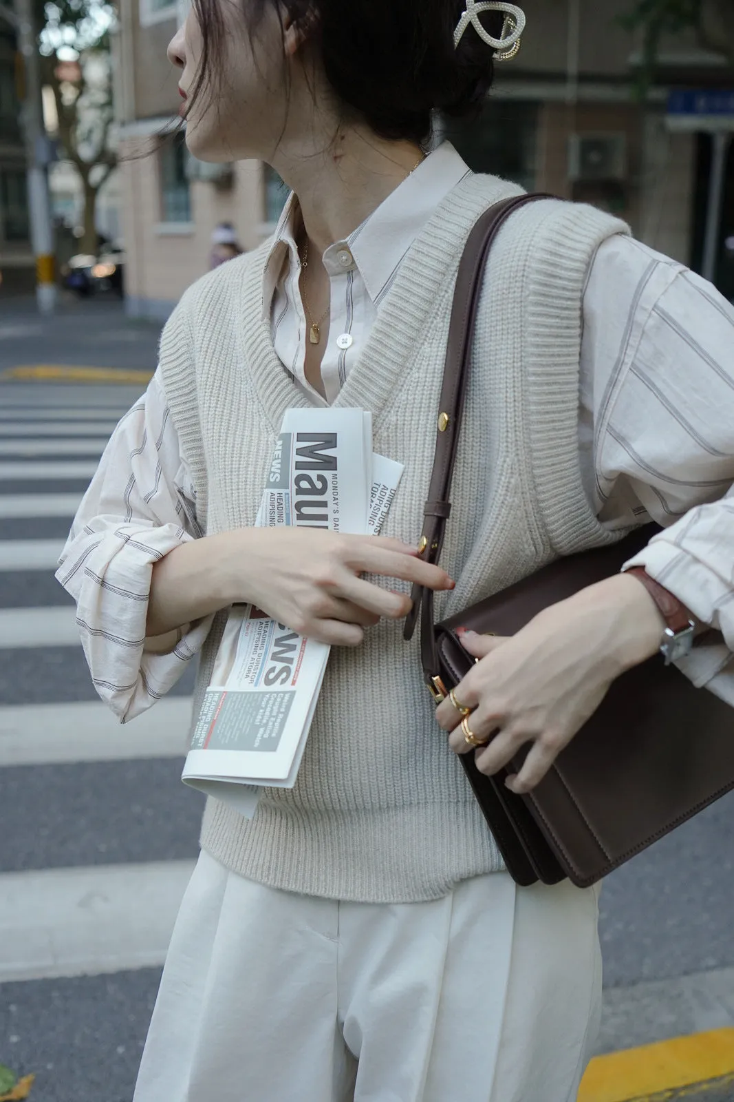Colored Striped Commuting Silhouette Lapel Shirt