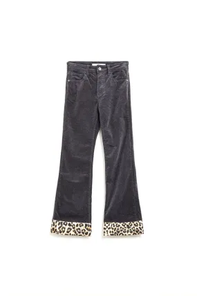 Dark Grey Corduroy Flare Pants With Leopard Print At The Bottom