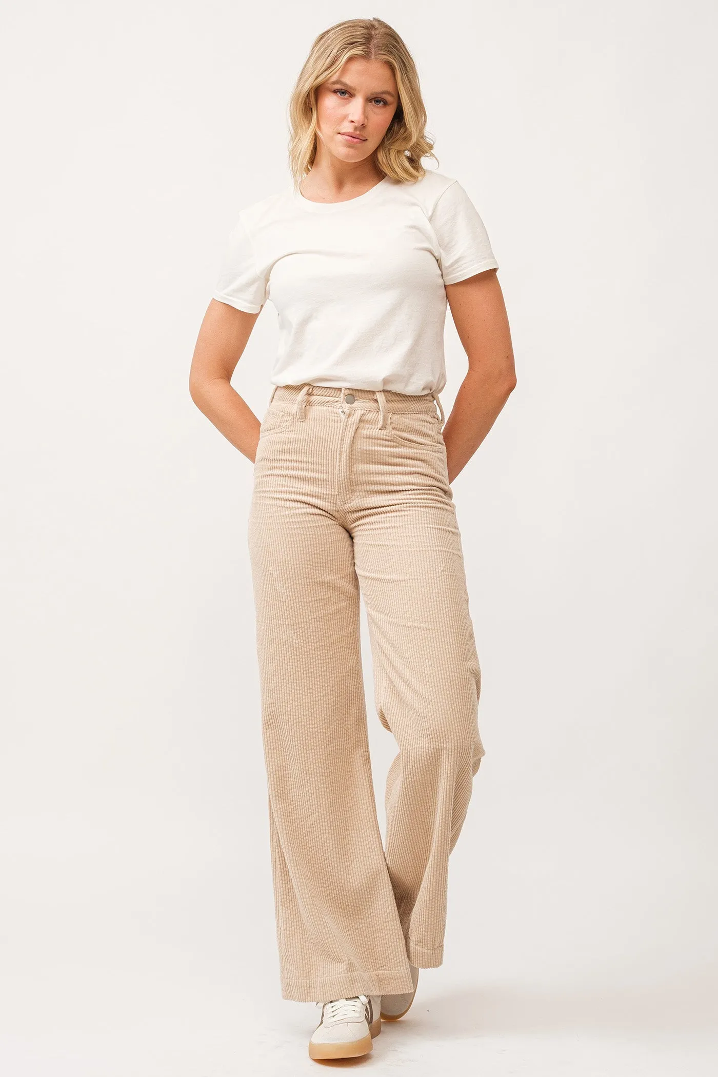 Dear John Fiona High Rise Clean Hem Wide Leg Pants Foam Cream Corduroy