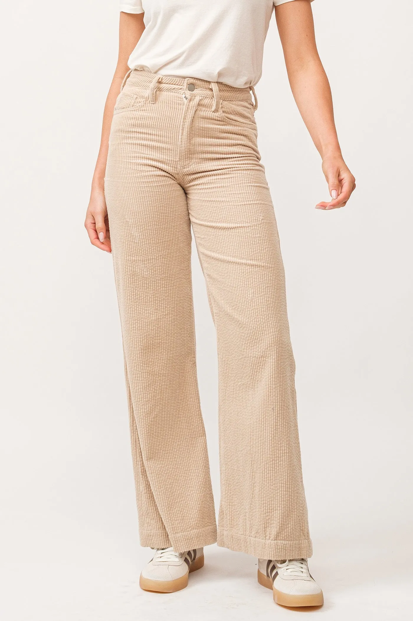 Dear John Fiona High Rise Clean Hem Wide Leg Pants Foam Cream Corduroy
