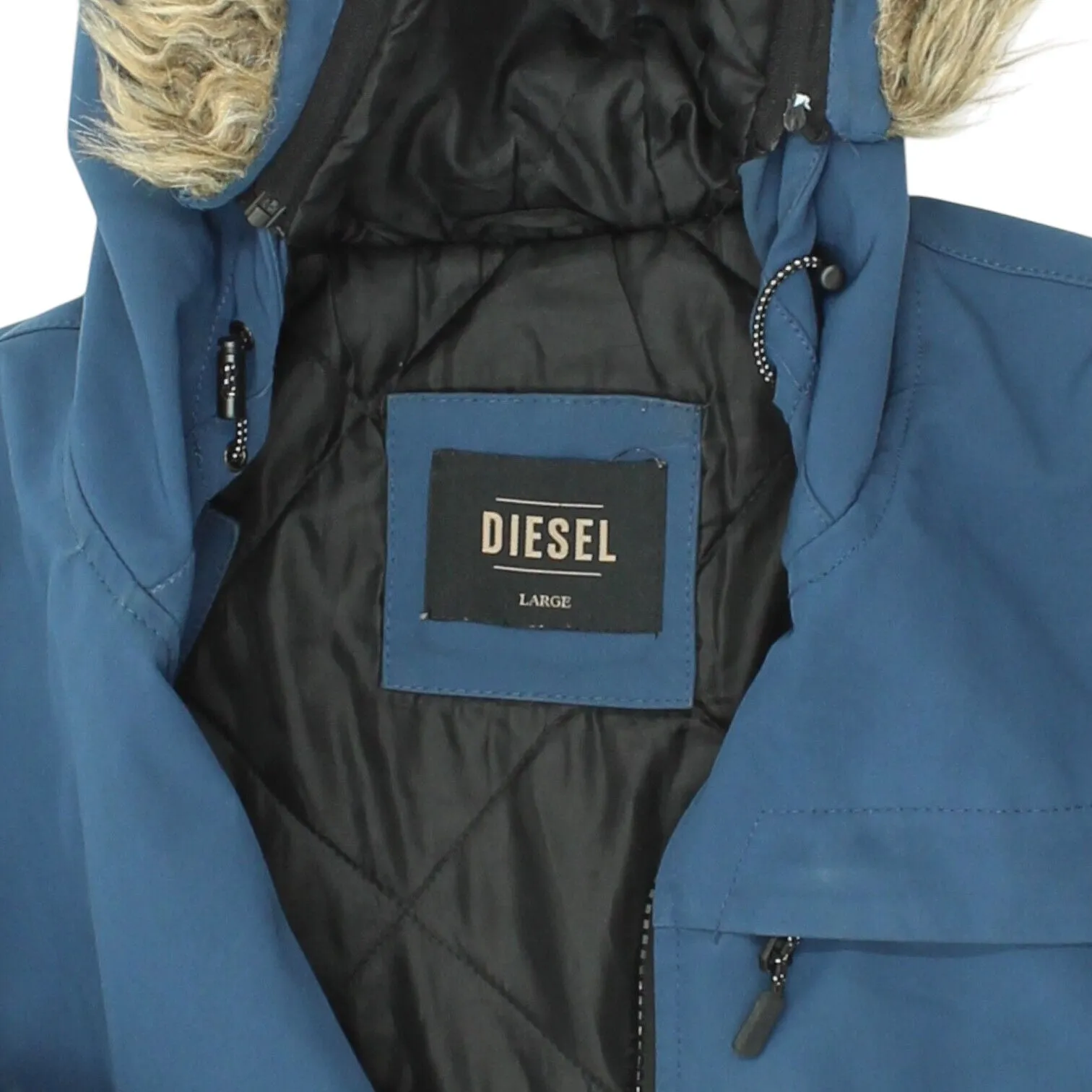 Diesel Mens Blue Faux Fur Quilted Hooded Jacket | Designer Outdoors Hoodie VTG