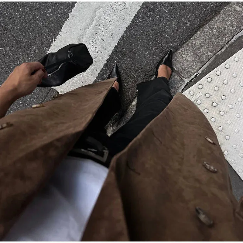 Double-Breasted Windbreaker Faux Suede Notch Lapel Coat