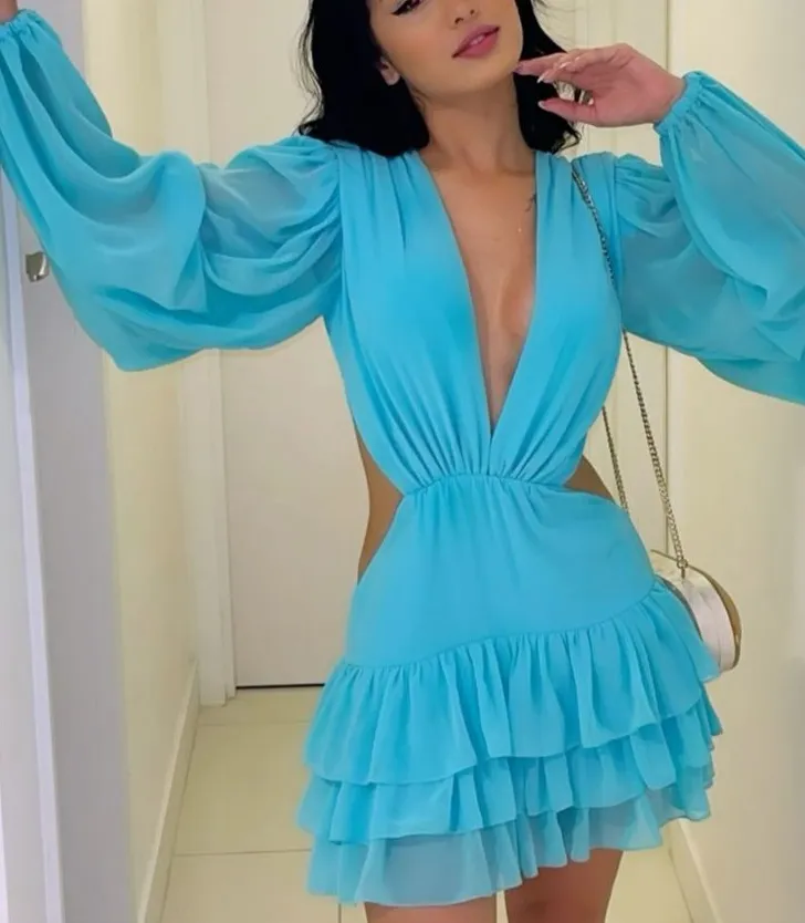 Fashion Long Sleeves Chiffon Dress Deep V Neck Short Prom Party Gown        fg6260