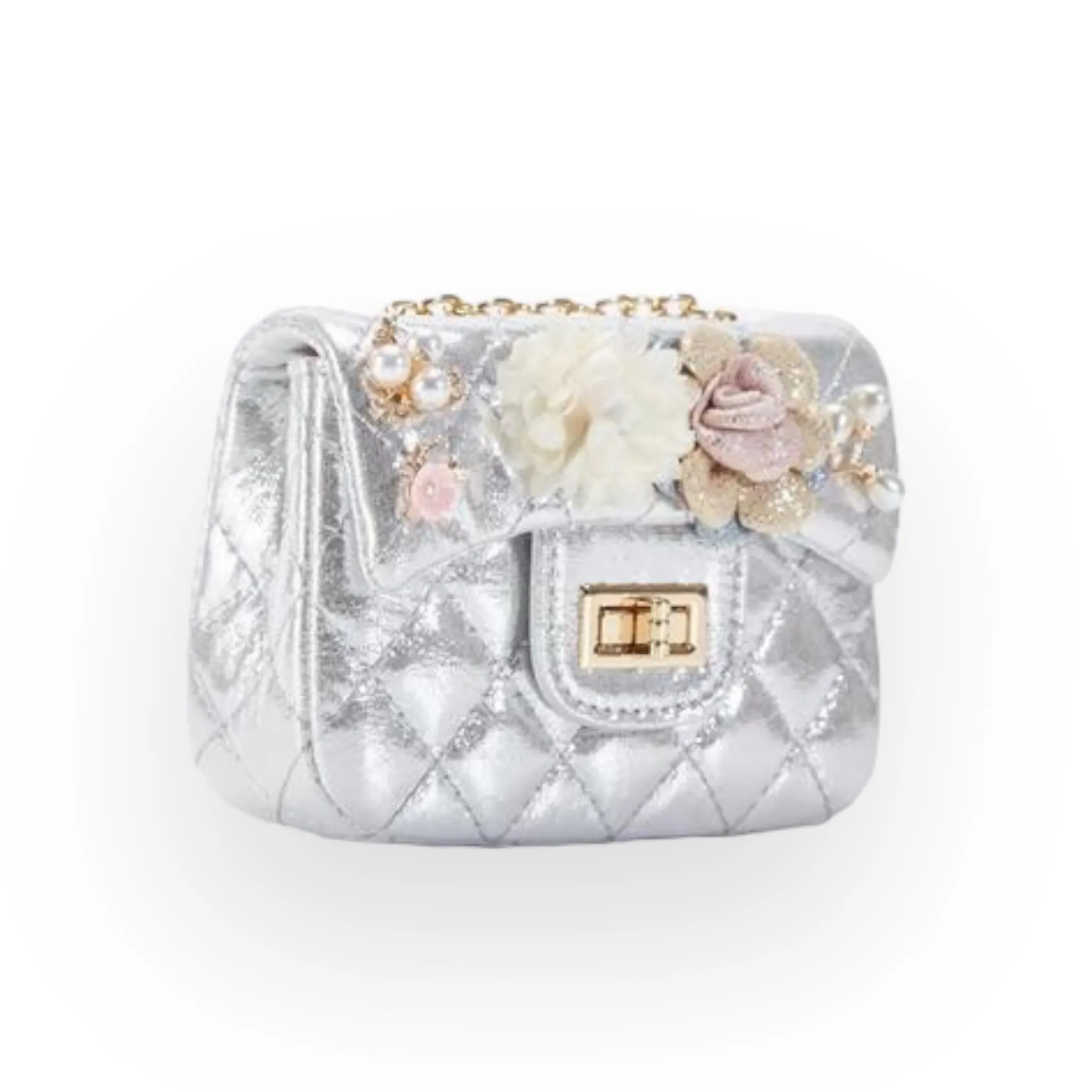 Floral Shiny Quilted Purse - Silver
