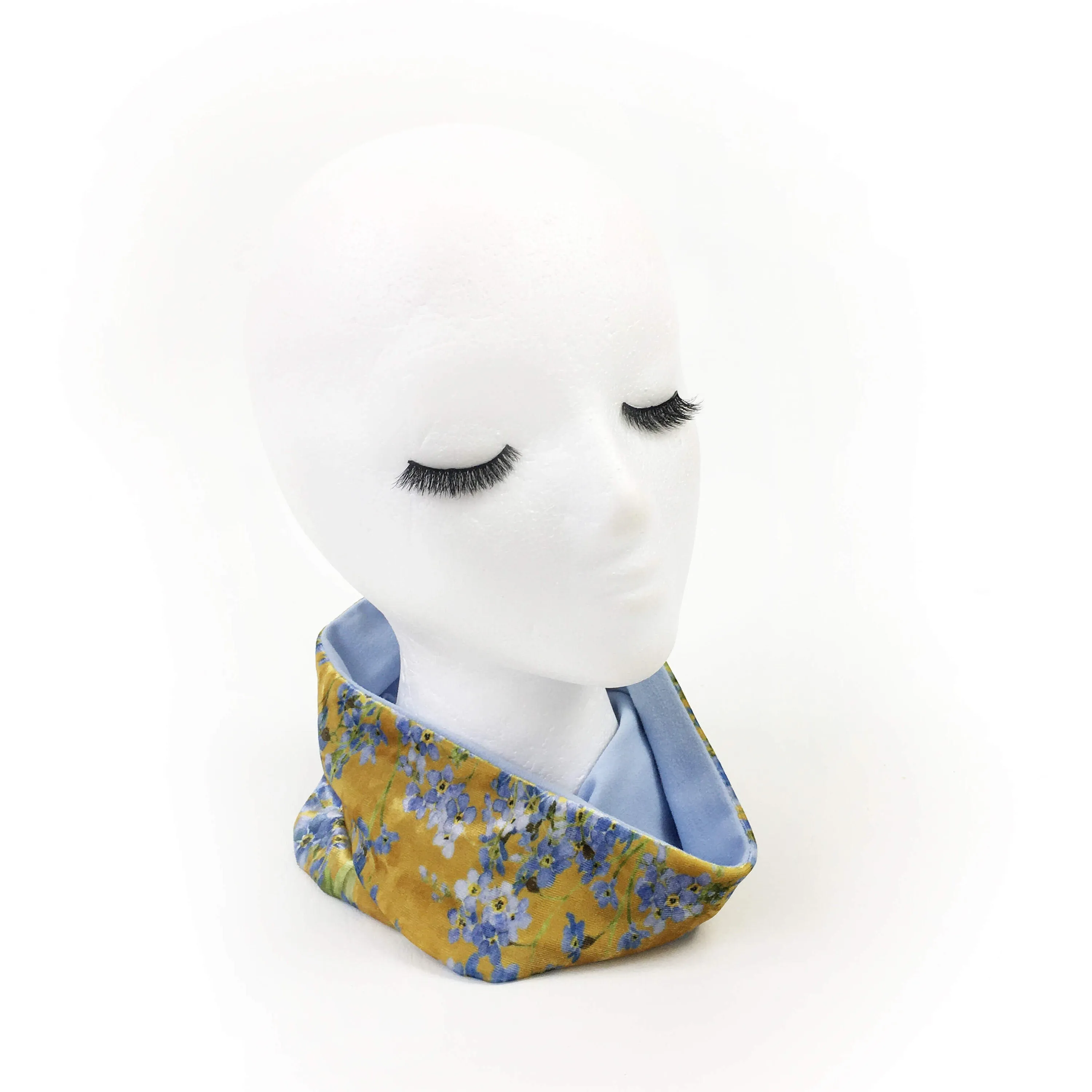Forget-Me-Nots Mustard,Versatile Scarf, Headband, HatBand, Neck Warmer, Ladies Scarf, Velour Scarf, Designer Gaiter, Handpainted and printed