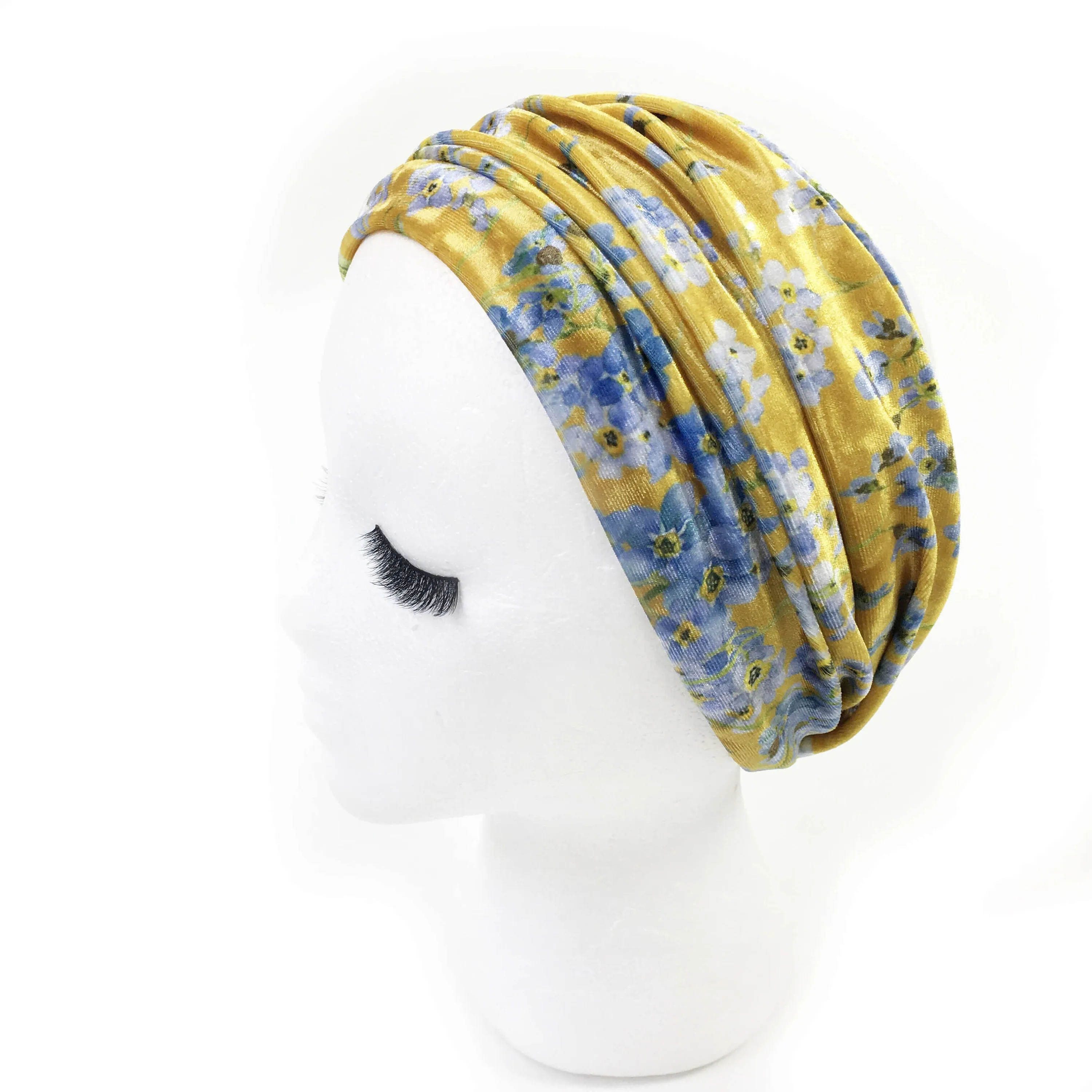 Forget-Me-Nots Mustard,Versatile Scarf, Headband, HatBand, Neck Warmer, Ladies Scarf, Velour Scarf, Designer Gaiter, Handpainted and printed