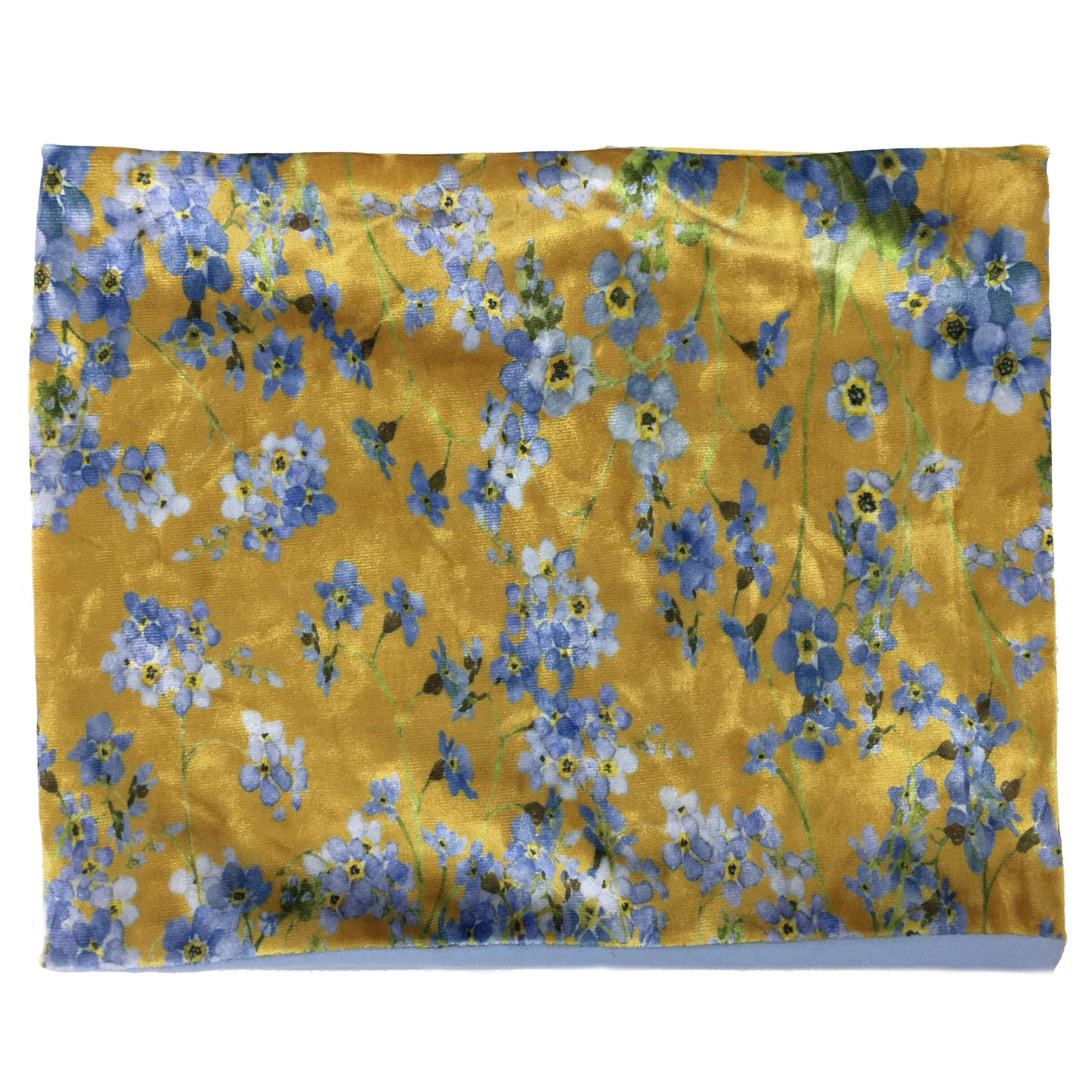 Forget-Me-Nots Mustard,Versatile Scarf, Headband, HatBand, Neck Warmer, Ladies Scarf, Velour Scarf, Designer Gaiter, Handpainted and printed