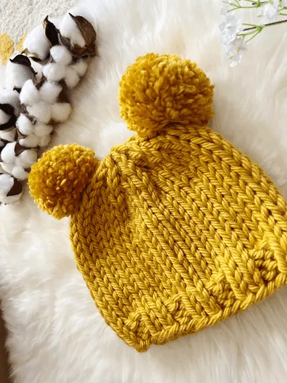 Hand knit Mustard yellow pompom hat | Handknit Baby beanie |Chunky Bear Double Pom Pom Hat | Knit winter hat | 6 - 12 months baby