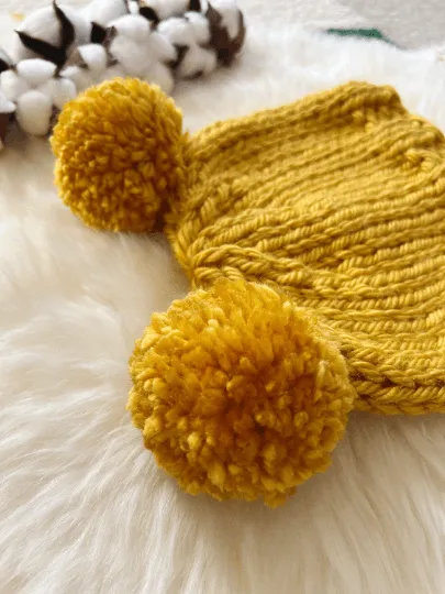 Hand knit Mustard yellow pompom hat | Handknit Baby beanie |Chunky Bear Double Pom Pom Hat | Knit winter hat | 6 - 12 months baby