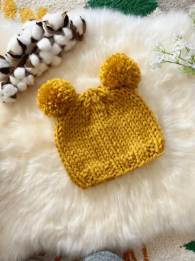 Hand knit Mustard yellow pompom hat | Handknit Baby beanie |Chunky Bear Double Pom Pom Hat | Knit winter hat | 6 - 12 months baby