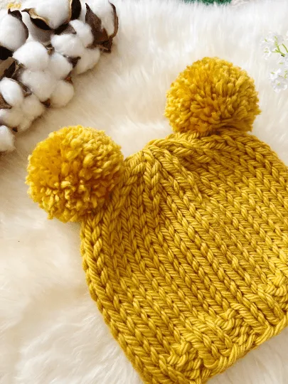 Hand knit Mustard yellow pompom hat | Handknit Baby beanie |Chunky Bear Double Pom Pom Hat | Knit winter hat | 6 - 12 months baby