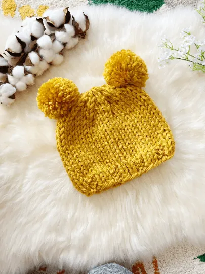 Hand knit Mustard yellow pompom hat | Handknit Baby beanie |Chunky Bear Double Pom Pom Hat | Knit winter hat | 6 - 12 months baby