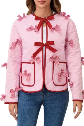HCT1347 Bow-Embellished Quilted Jacket Outerwear