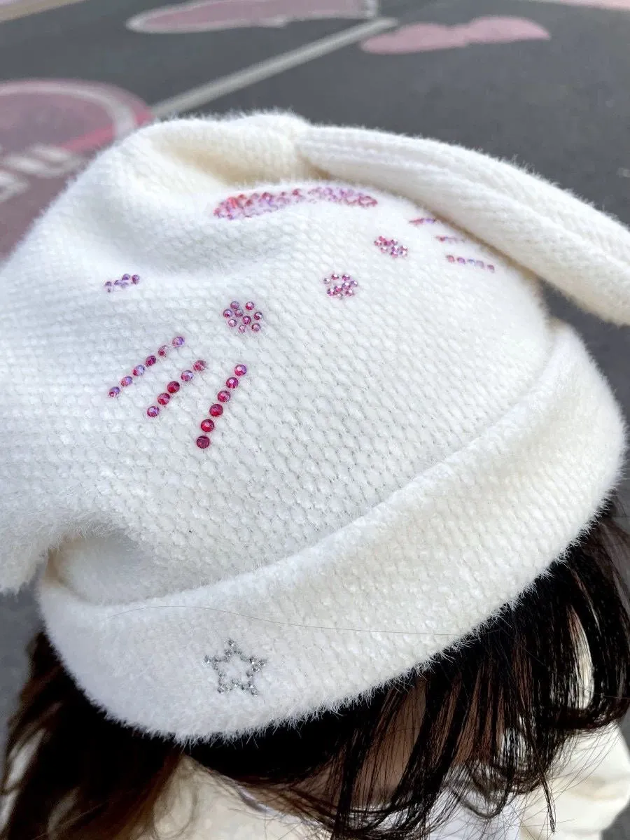 Hello Kitty Inspired Rhinestone Embellished White Knit Hat