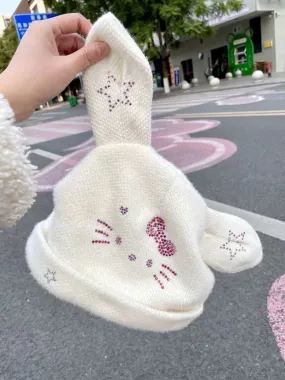 Hello Kitty Inspired Rhinestone Embellished White Knit Hat