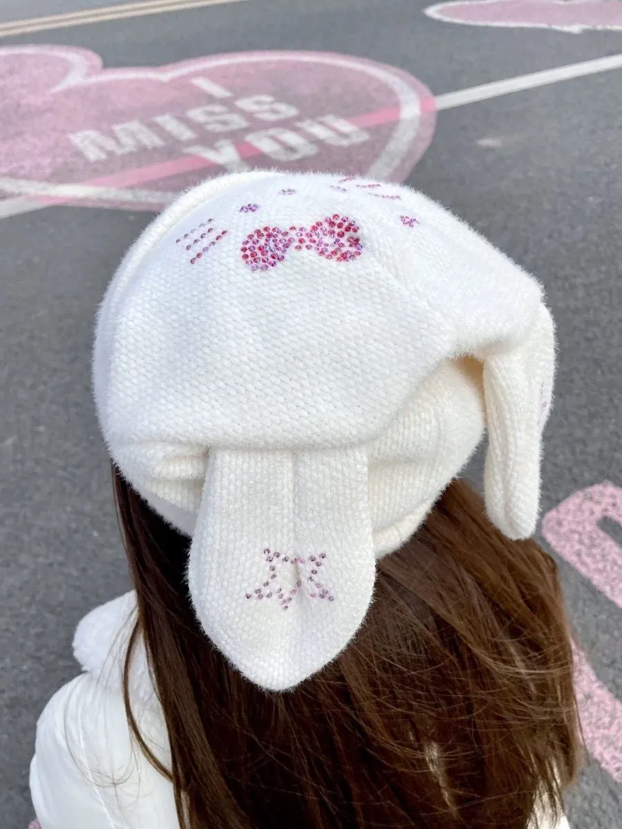 Hello Kitty Inspired Rhinestone Embellished White Knit Hat