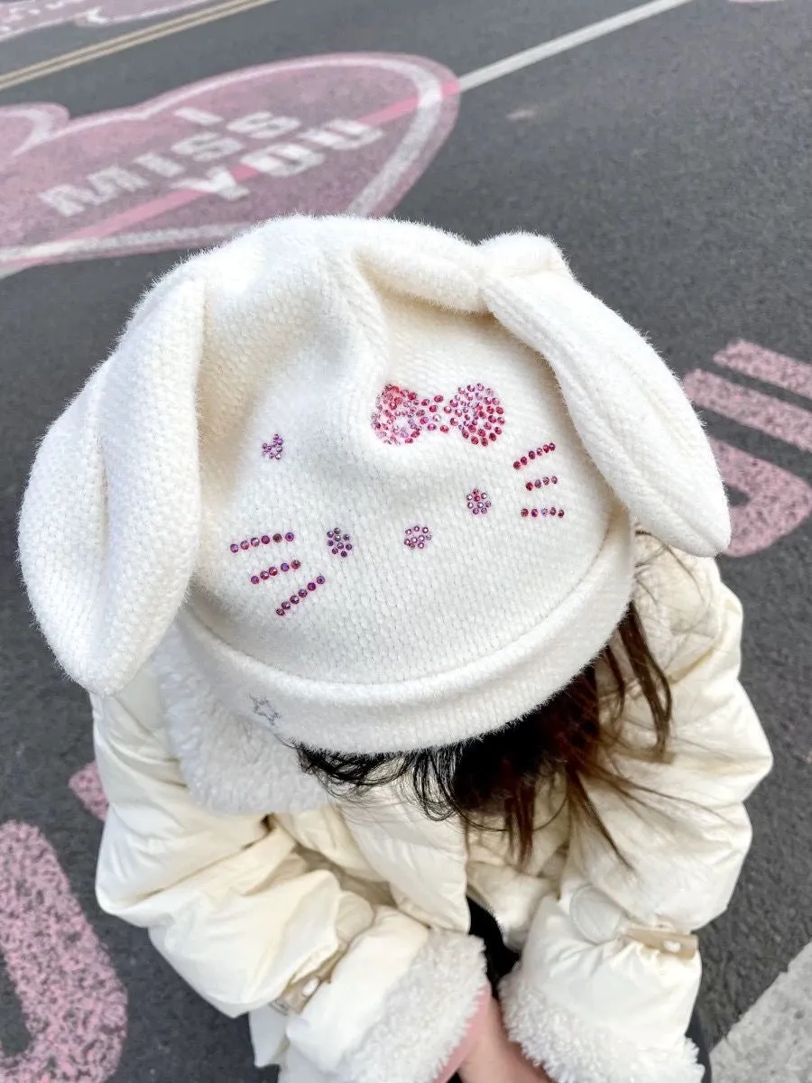 Hello Kitty Inspired Rhinestone Embellished White Knit Hat