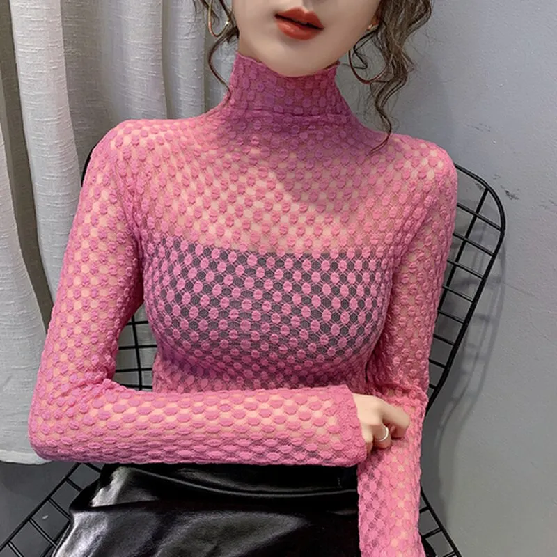 Joskaa Christmas Gift Sexy Lace Bottoming Shirt Women Turtleneck Lace Blouse Autumn and Winter 2024 New Dot Mesh Tops High Elasticity Shirt 11437