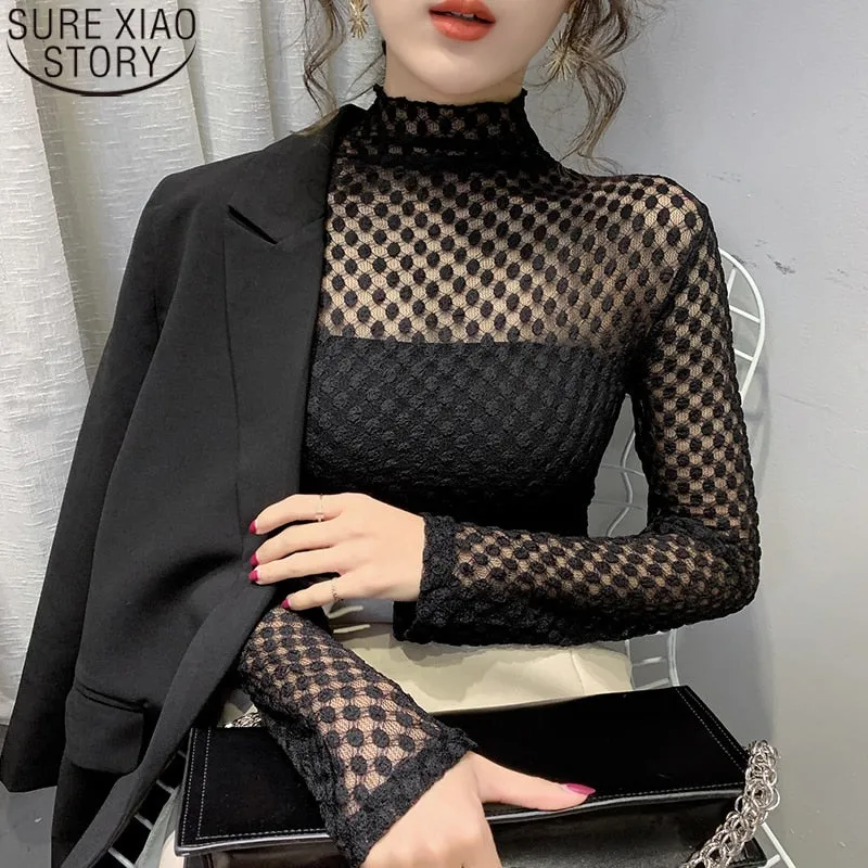 Joskaa Christmas Gift Sexy Lace Bottoming Shirt Women Turtleneck Lace Blouse Autumn and Winter 2024 New Dot Mesh Tops High Elasticity Shirt 11437
