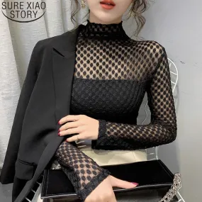 Joskaa Christmas Gift Sexy Lace Bottoming Shirt Women Turtleneck Lace Blouse Autumn and Winter 2024 New Dot Mesh Tops High Elasticity Shirt 11437