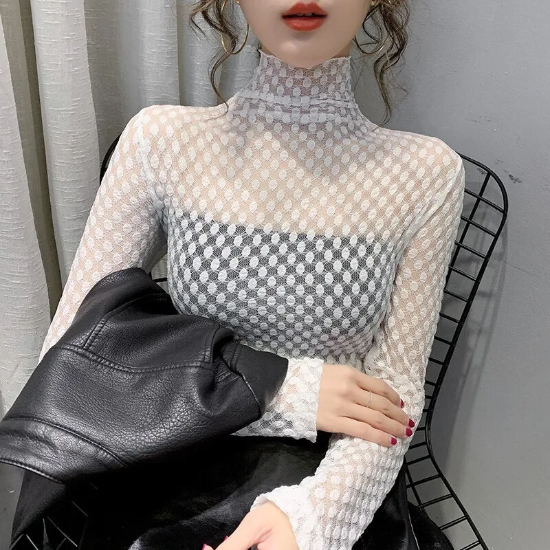 Joskaa Christmas Gift Sexy Lace Bottoming Shirt Women Turtleneck Lace Blouse Autumn and Winter 2024 New Dot Mesh Tops High Elasticity Shirt 11437
