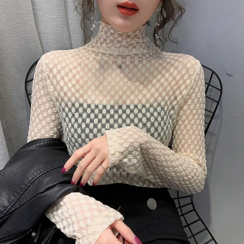 Joskaa Christmas Gift Sexy Lace Bottoming Shirt Women Turtleneck Lace Blouse Autumn and Winter 2024 New Dot Mesh Tops High Elasticity Shirt 11437