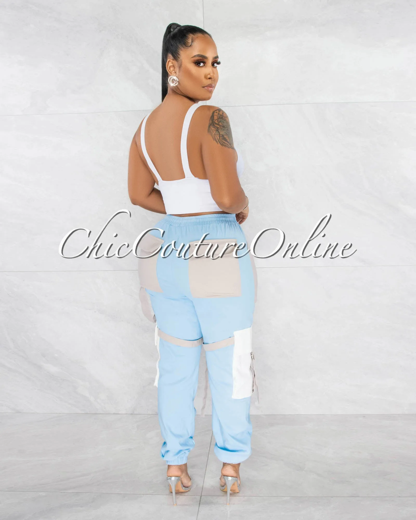 *Juniva Baby Blue Grey Silver Buckles Cargo Jogger Pants