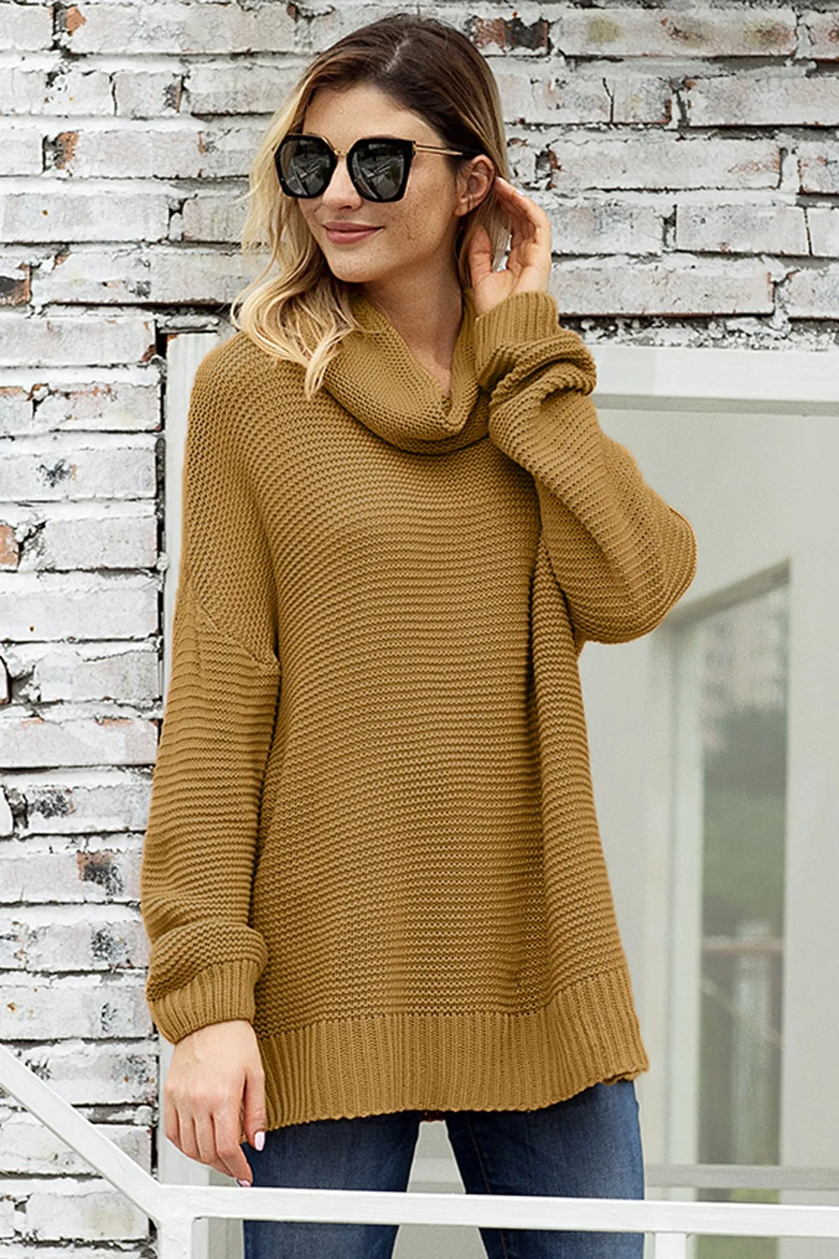 Khaki High Neck Long Sleeves Sweater