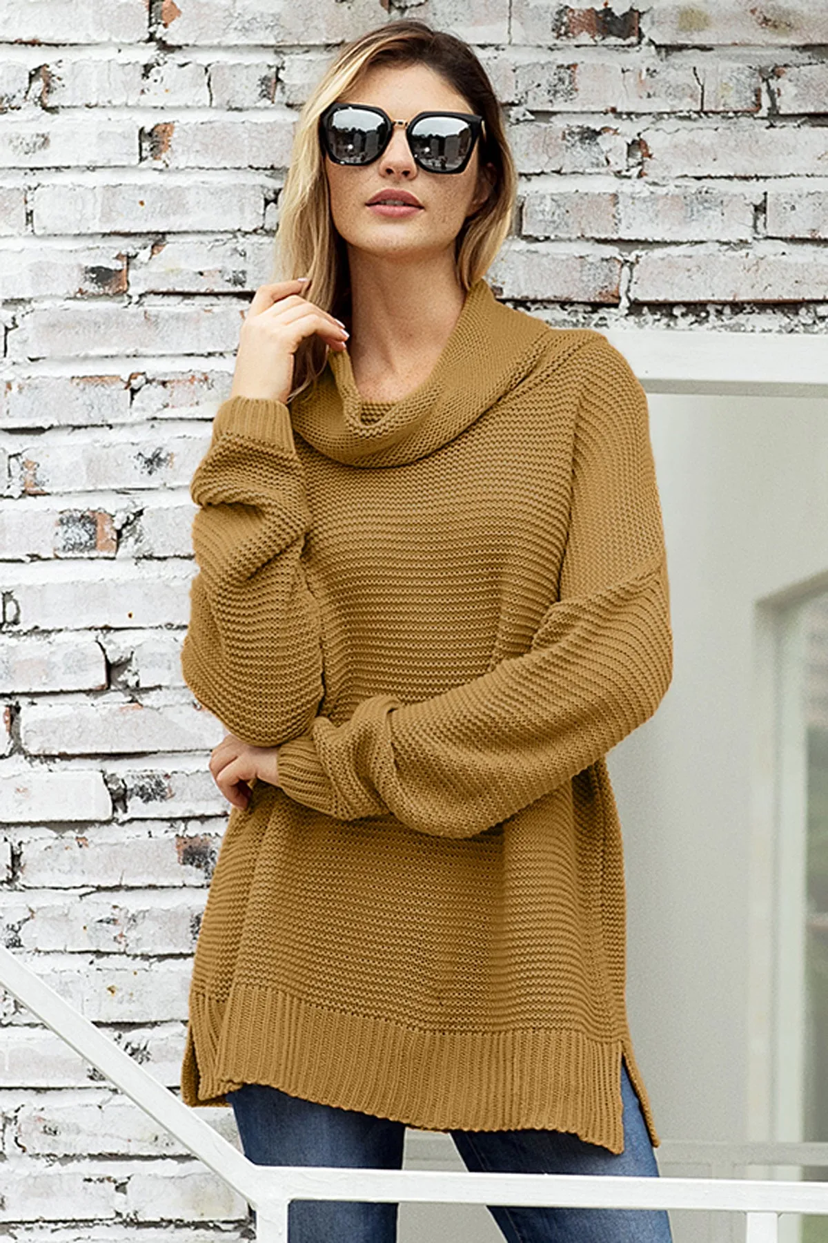 Khaki High Neck Long Sleeves Sweater