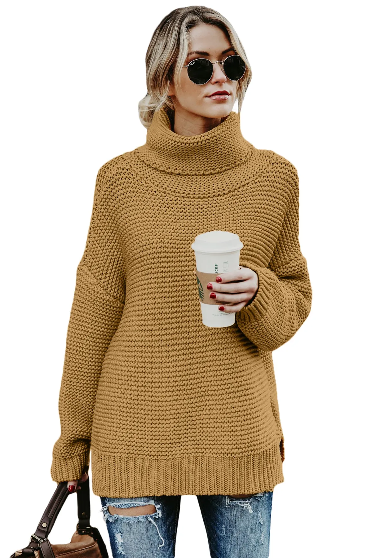 Khaki High Neck Long Sleeves Sweater