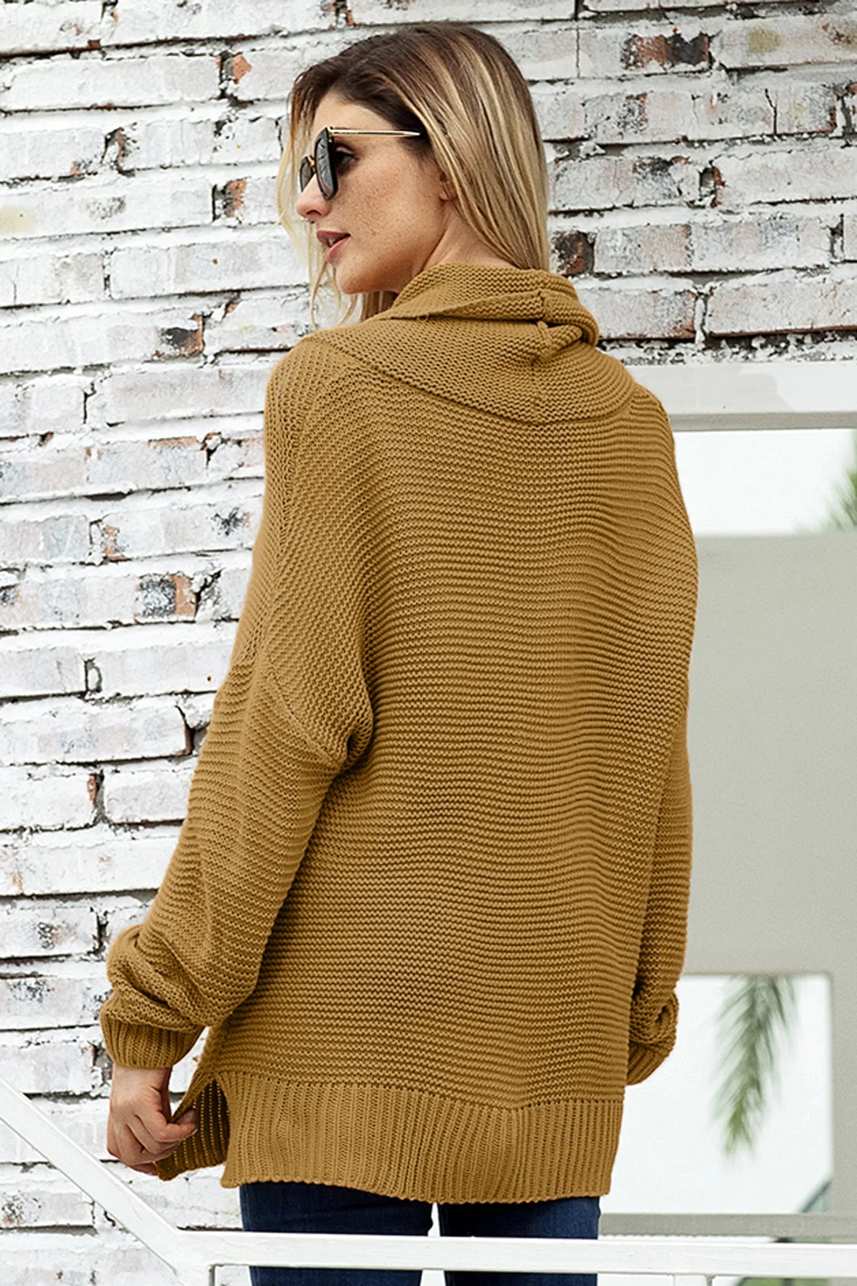 Khaki High Neck Long Sleeves Sweater