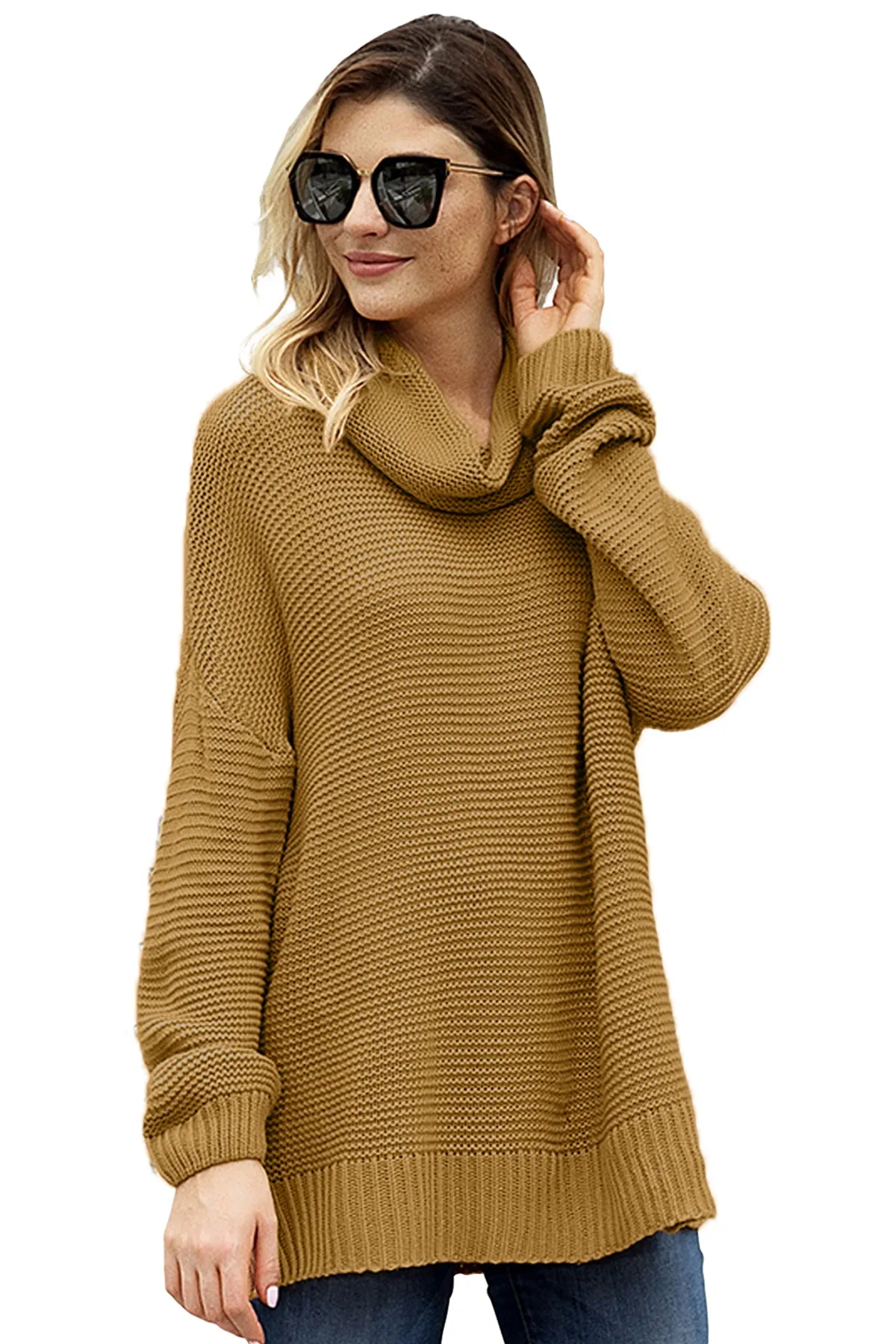 Khaki High Neck Long Sleeves Sweater
