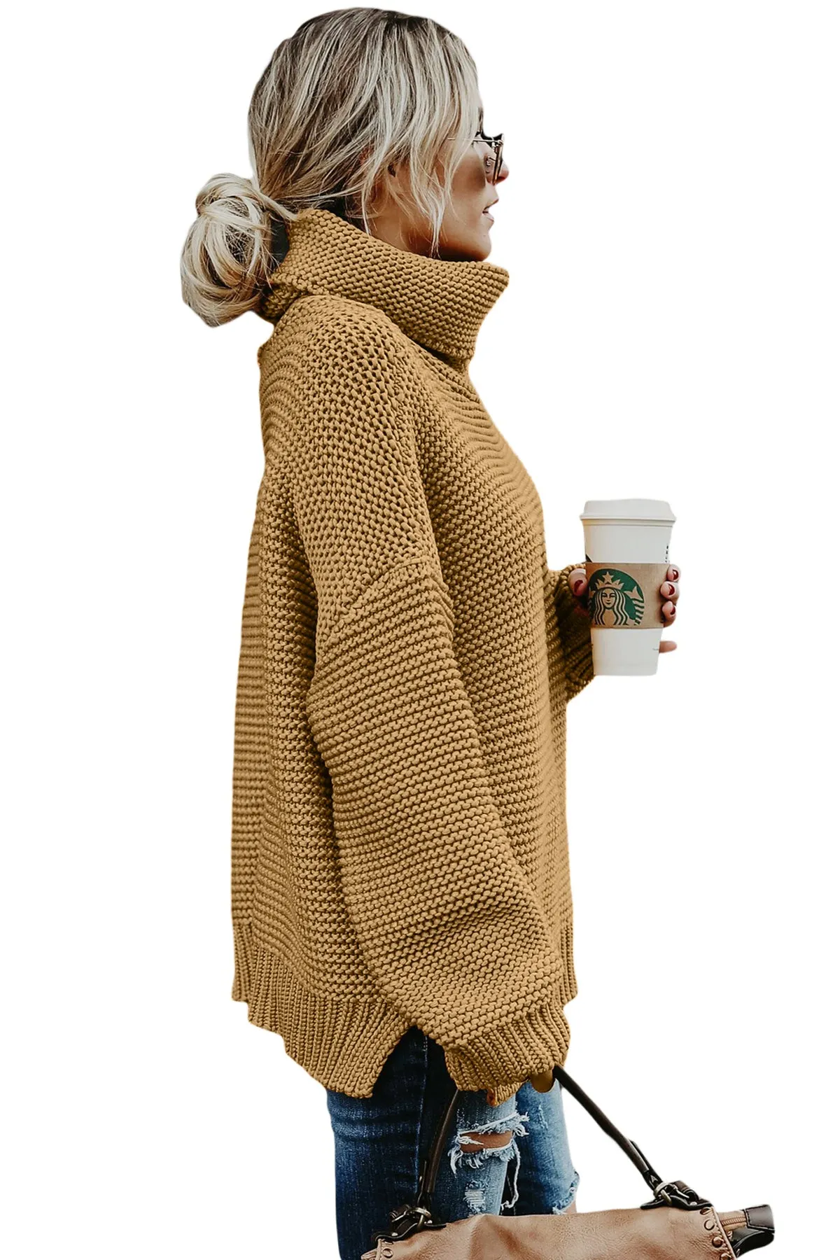 Khaki High Neck Long Sleeves Sweater