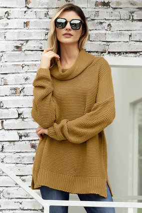 Khaki High Neck Long Sleeves Sweater