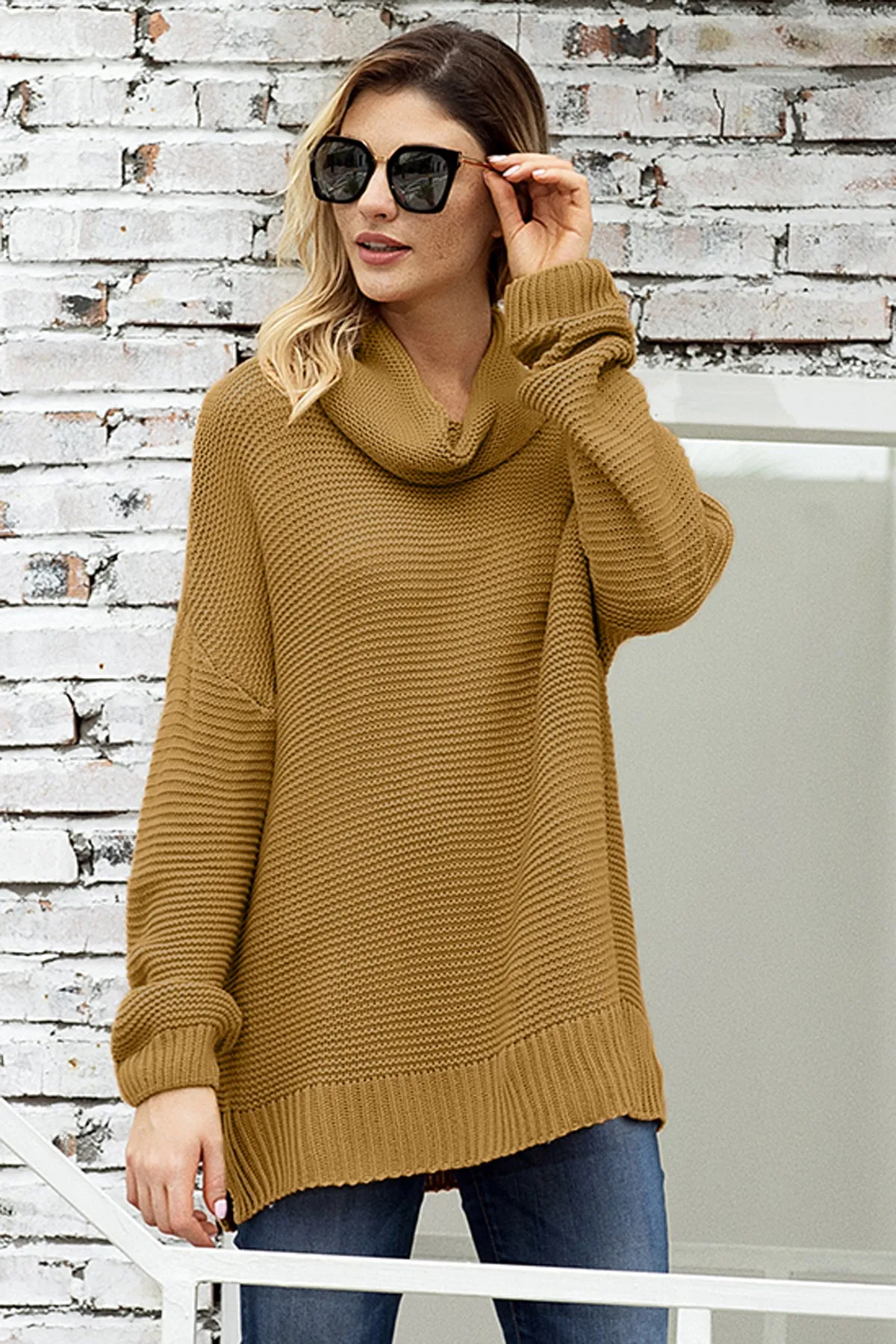 Khaki High Neck Long Sleeves Sweater