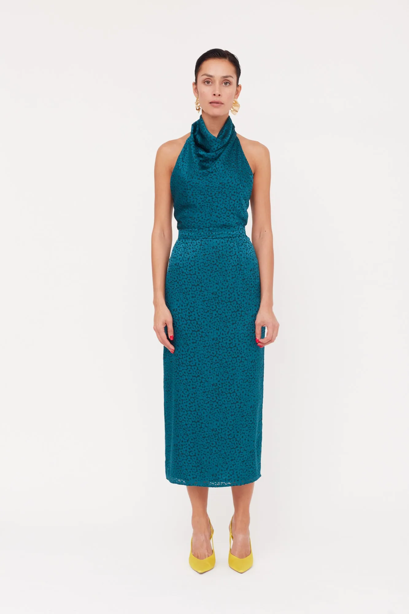LARA Teal Blue Jacquard Fabric Midi Dress With Cowl Neck