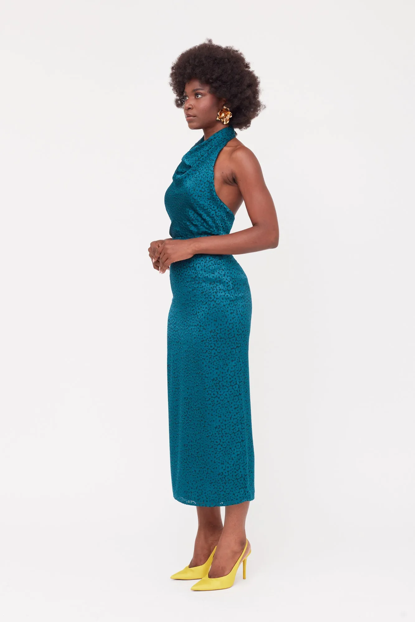 LARA Teal Blue Jacquard Fabric Midi Dress With Cowl Neck