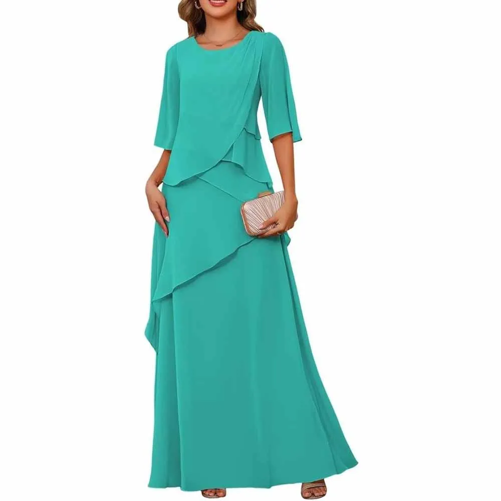Long Sleeve Mother of The Bride Dresses Chiffon Ruffles Formal Evening Gowns With Sleeves
