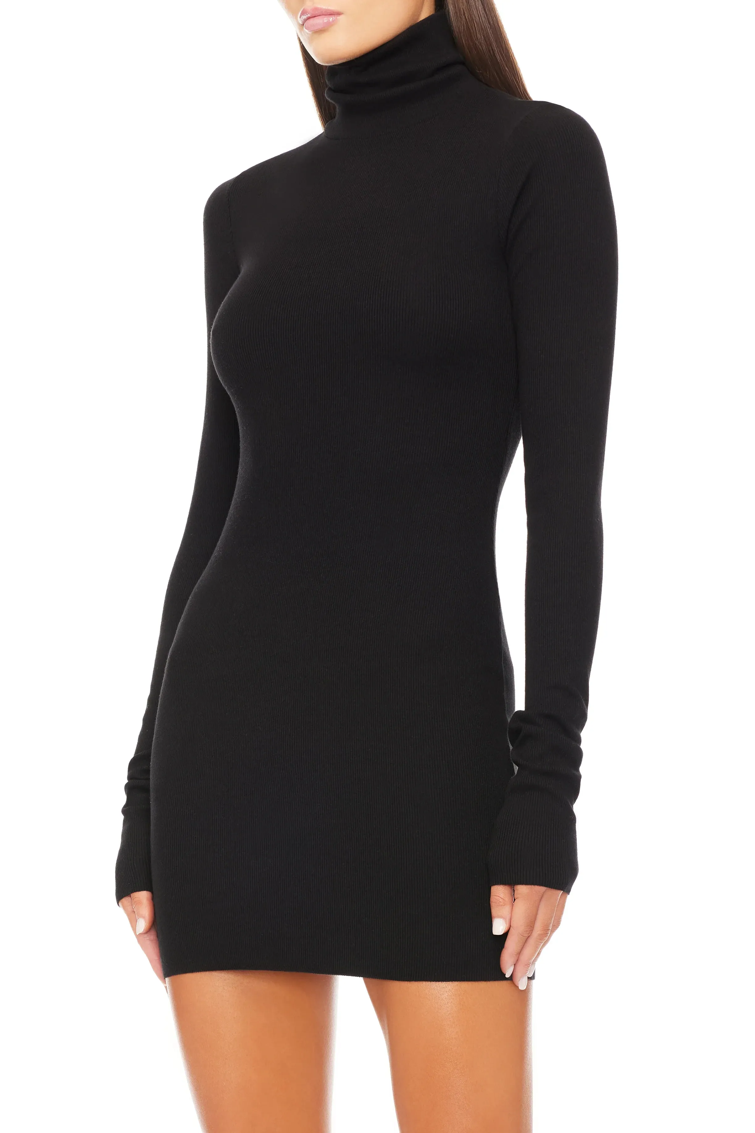 LONG SLEEVE TURTLENECK MINI DRESS IN BLACK